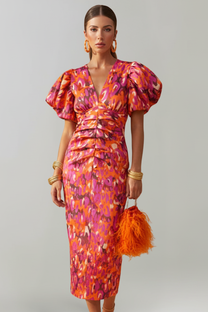 Women's Midi Dress with Puff Sleeves & Ruched Waist – Elegant Occasion Day Dress