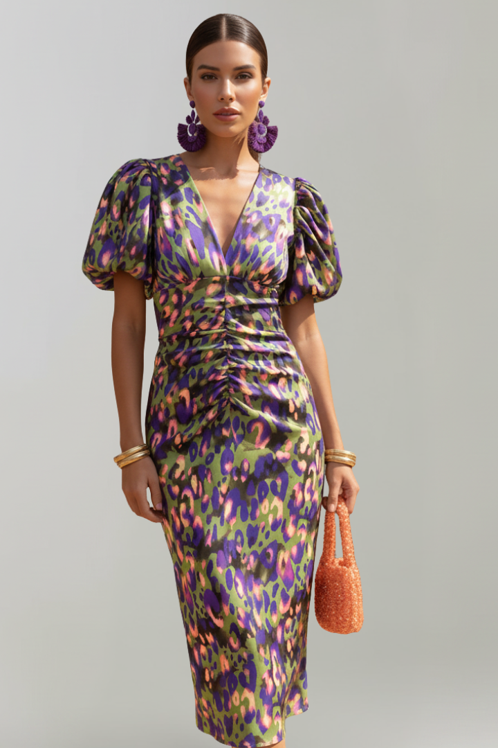 Women's Midi Dress with Puff Sleeves & Ruched Waist – Elegant Occasion Day Dress