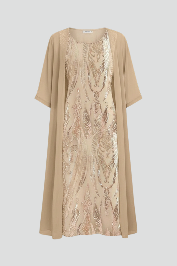 Women's Round-Neck Midi Dress with Short Sleeves – Elegant Day & Occasion Dress