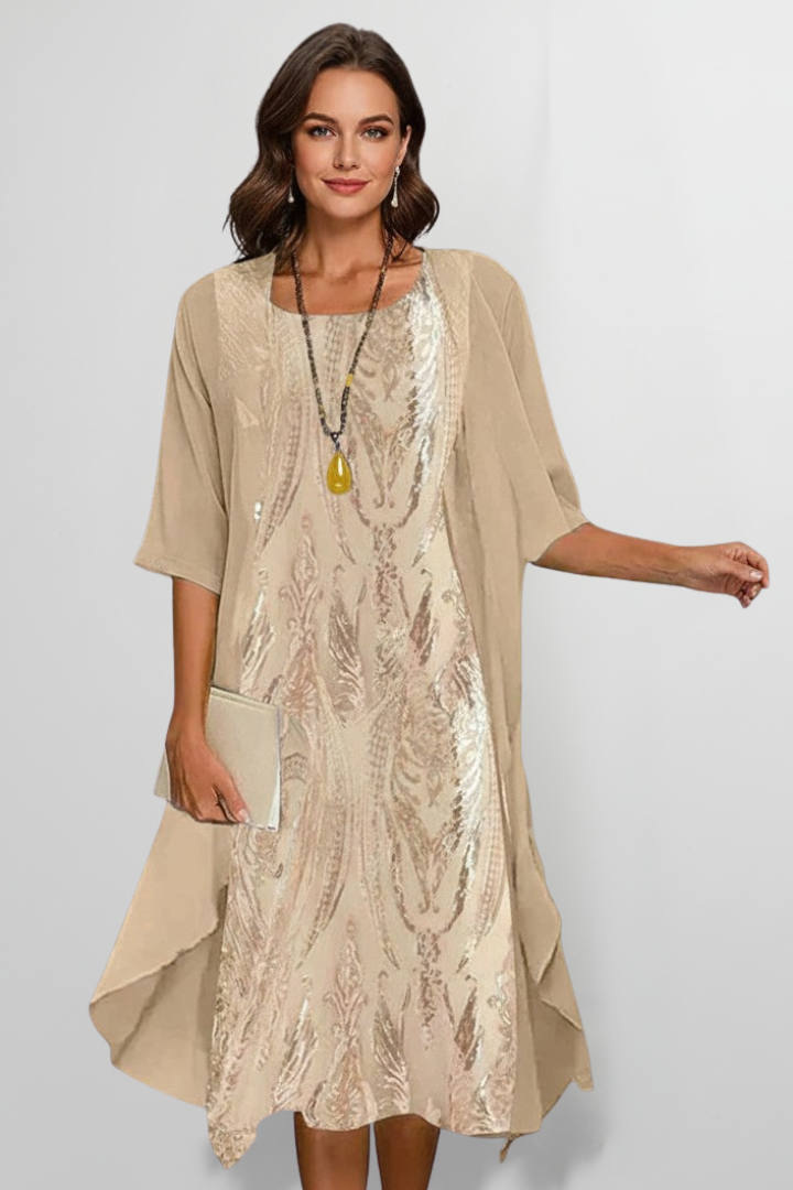 Women's Round-Neck Midi Dress with Short Sleeves – Elegant Day & Occasion Dress