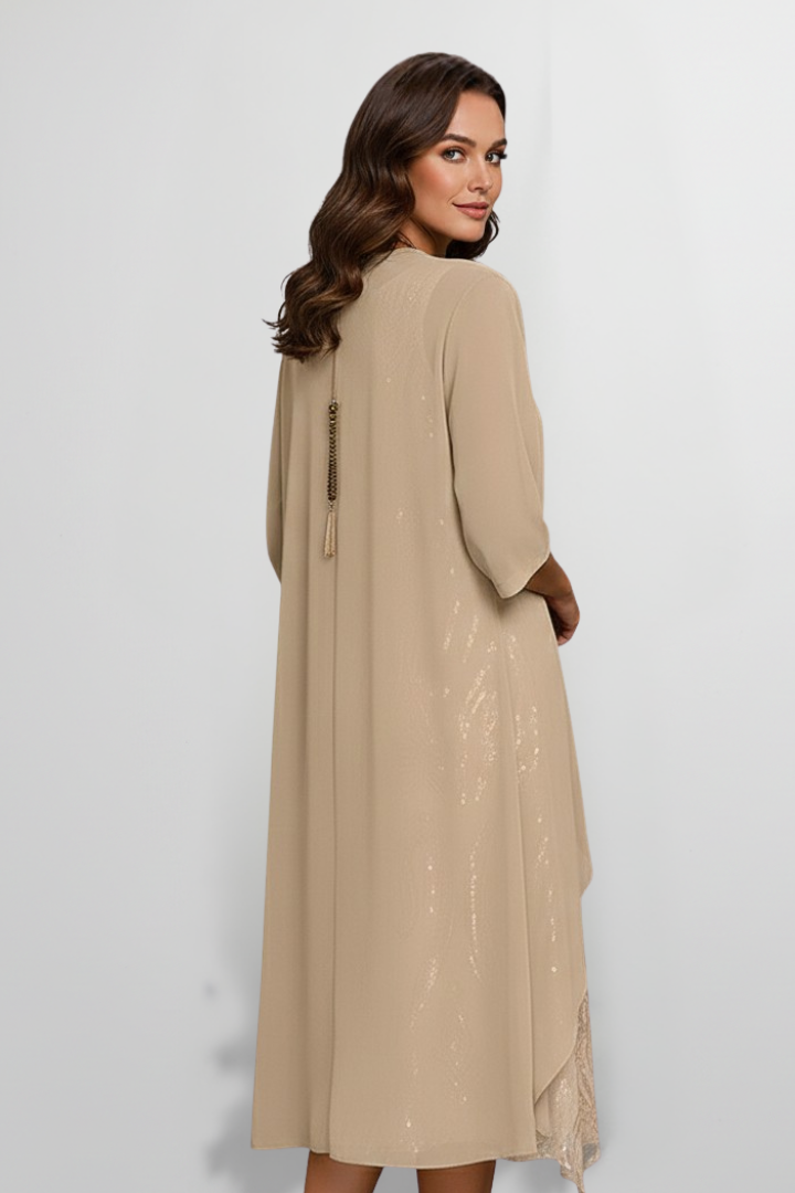 Women's Round-Neck Midi Dress with Short Sleeves – Elegant Day & Occasion Dress