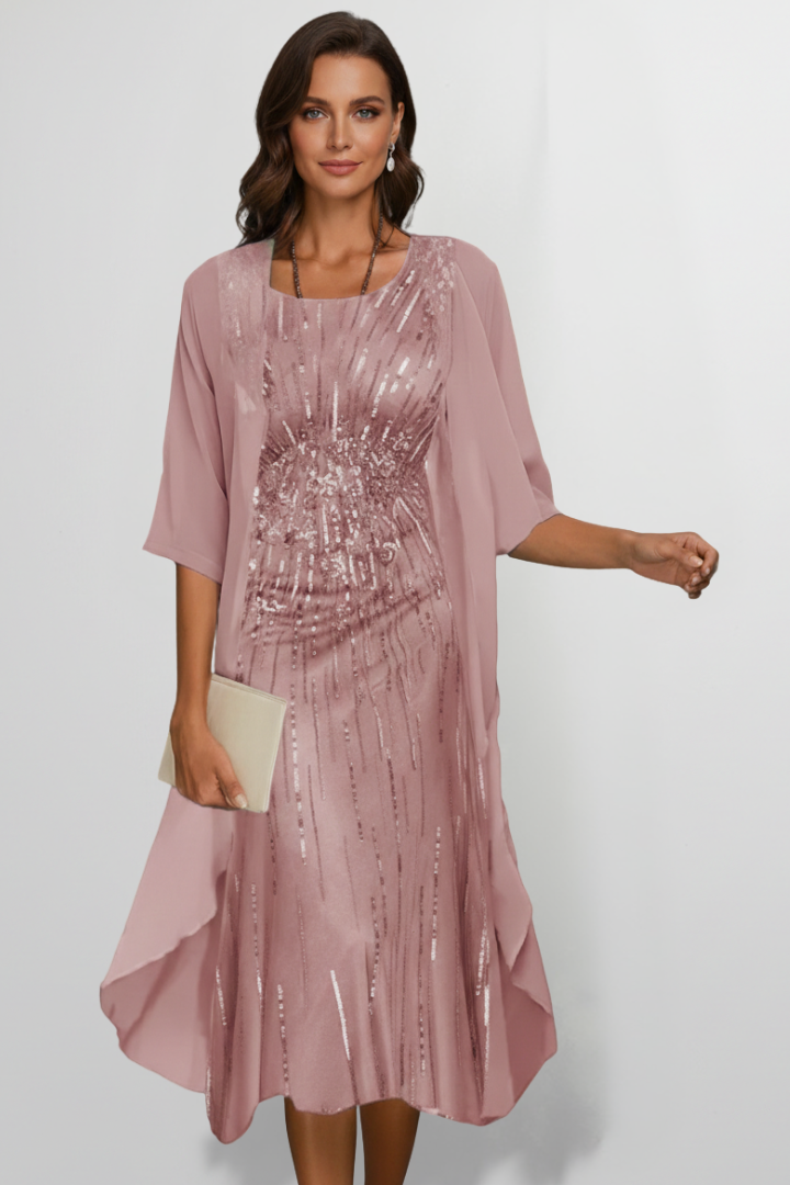 Women's Round-Neck Midi Dress with Short Sleeves – Elegant Day & Occasion Dress