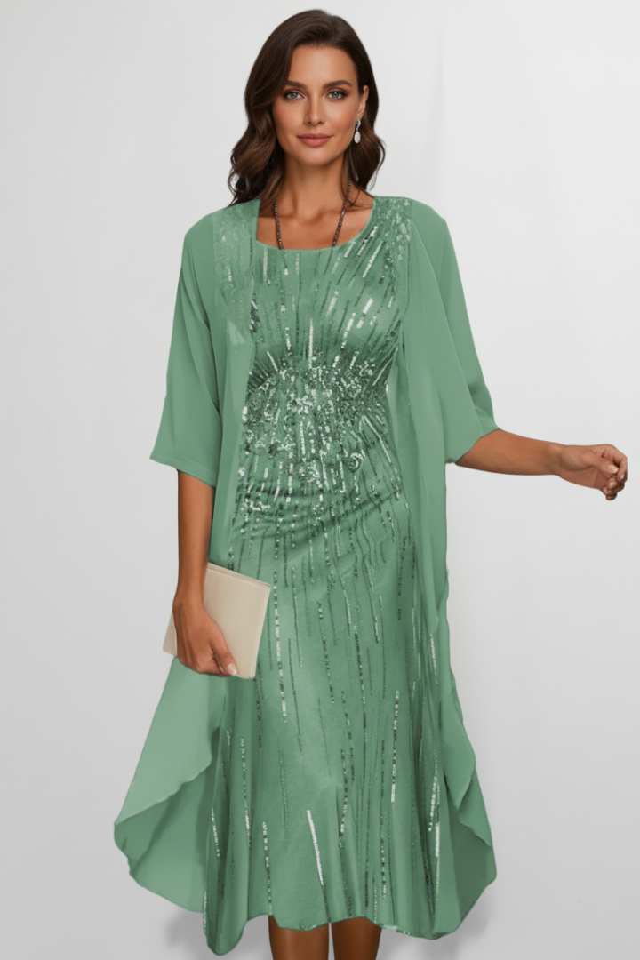 Women's Round-Neck Midi Dress with Short Sleeves – Elegant Day & Occasion Dress