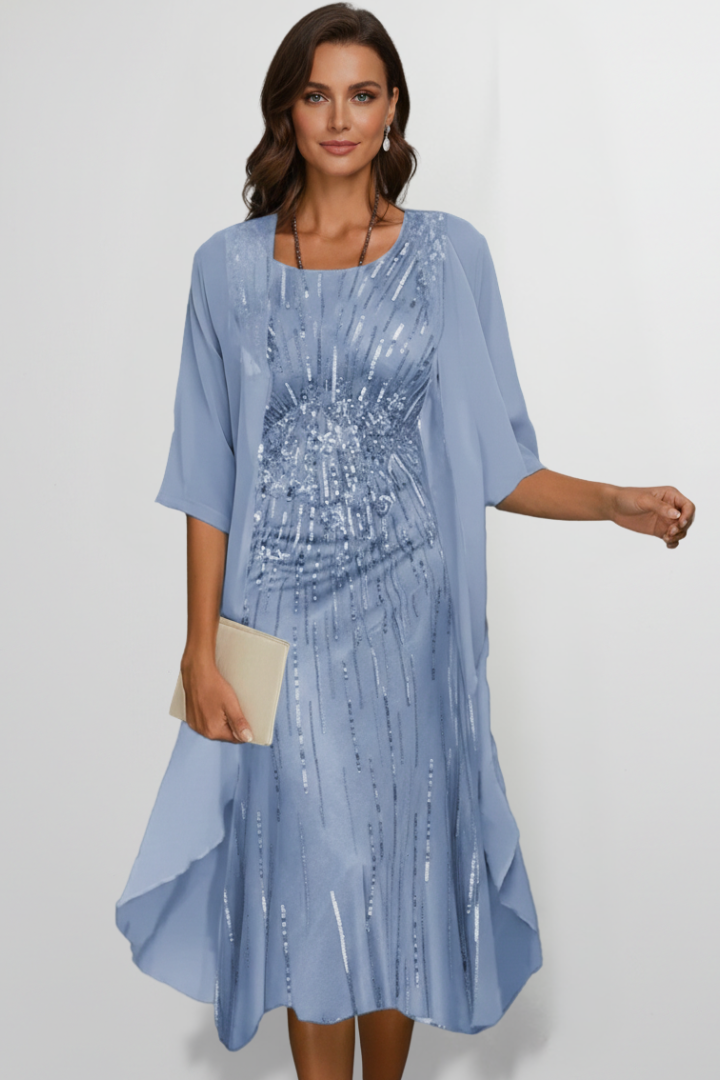 Women's Round-Neck Midi Dress with Short Sleeves – Elegant Day & Occasion Dress