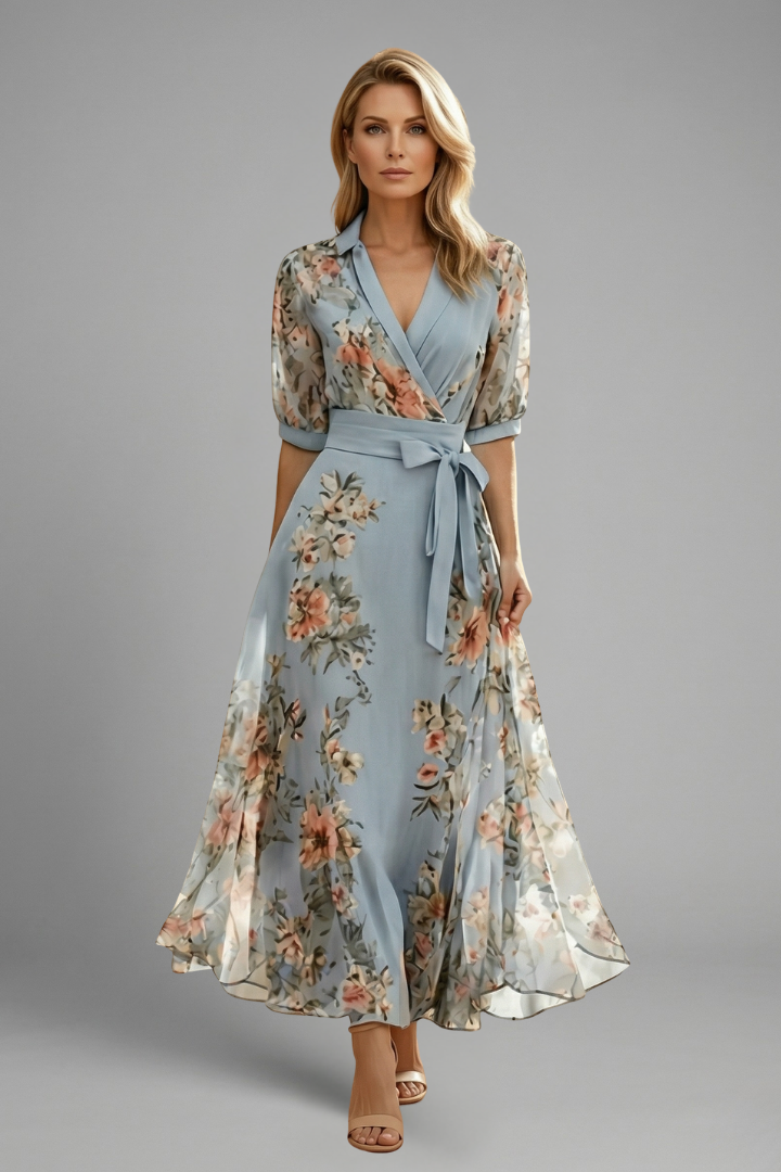 Women's Floral V-Neck Midi Dress – Elegant Summer Occasion Dress