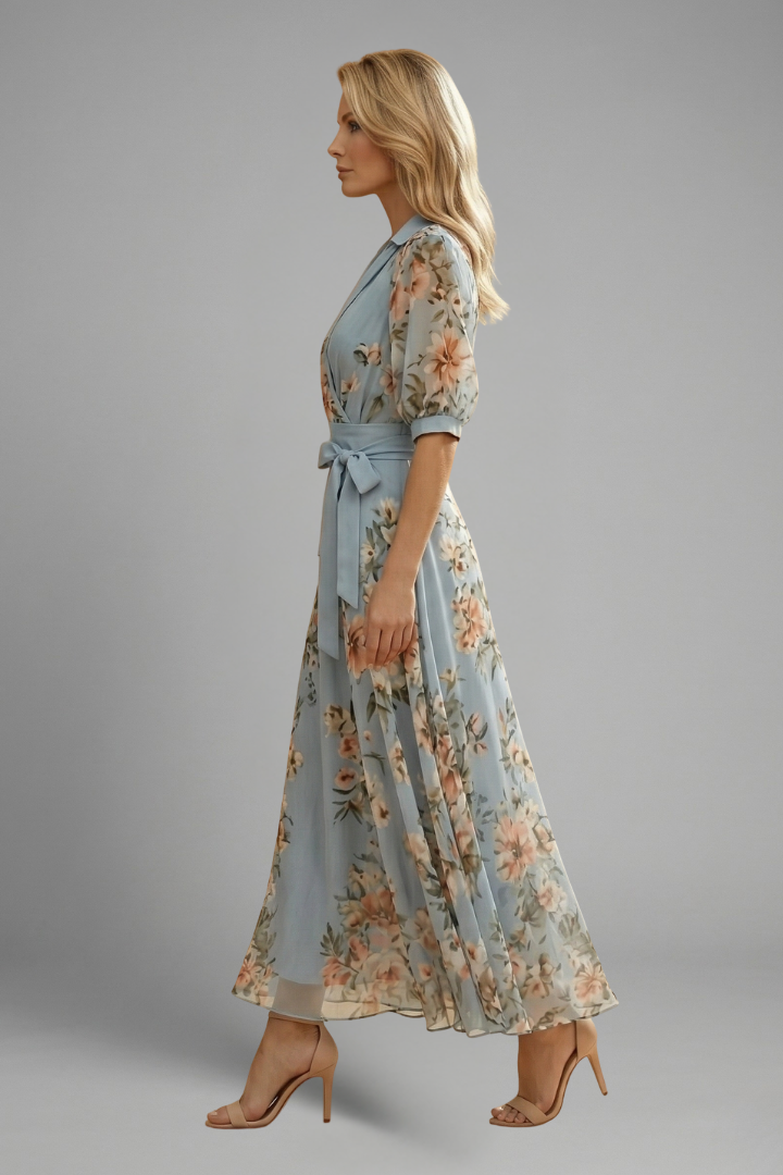 Women's Floral V-Neck Midi Dress – Elegant Summer Occasion Dress