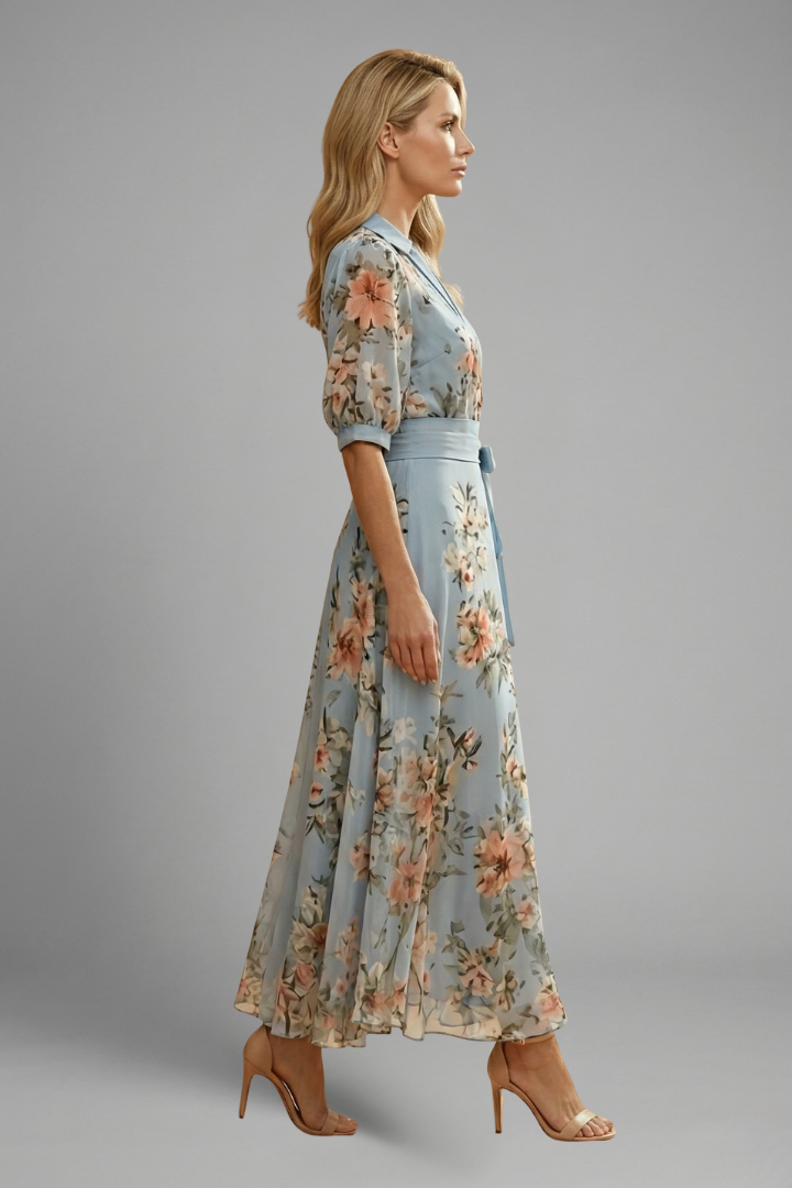 Women's Floral V-Neck Midi Dress – Elegant Summer Occasion Dress