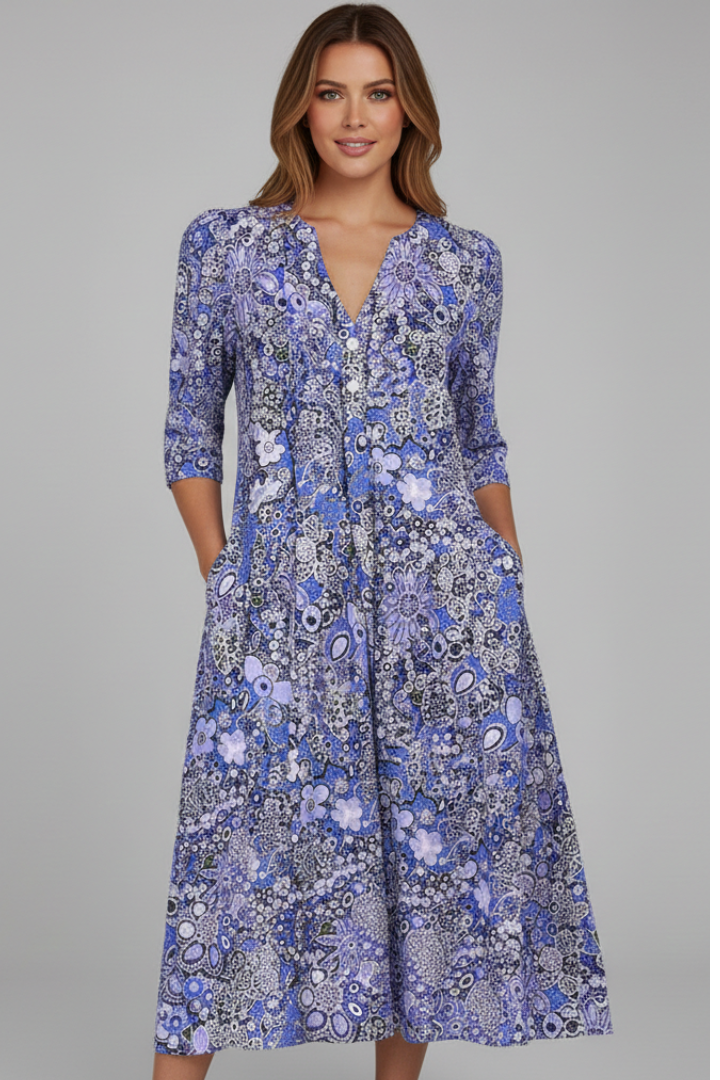 Women's V-Neck Midi Dress with Three-Quarter Sleeves – Elegant Occasion Dress