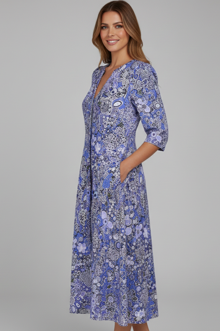 Women's V-Neck Midi Dress with Three-Quarter Sleeves – Elegant Occasion Dress