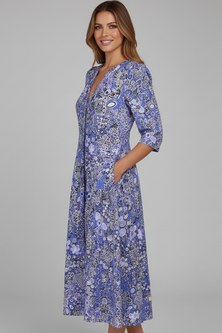 Women's V-Neck Midi Dress with Three-Quarter Sleeves – Elegant Occasion Dress