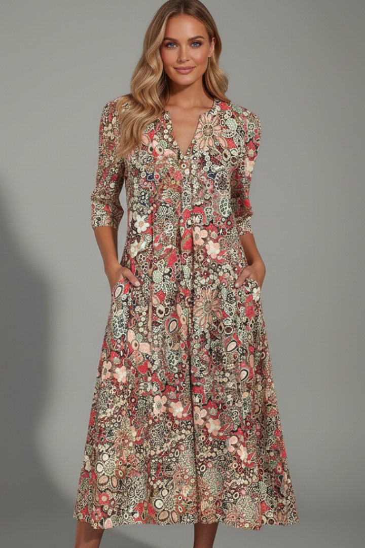 Women's V-Neck Midi Dress with Three-Quarter Sleeves – Elegant Occasion Dress