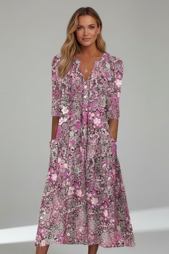 Women's V-Neck Midi Dress with Three-Quarter Sleeves – Elegant Occasion Dress