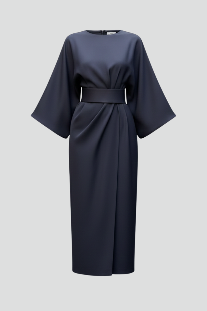 Women's Midi Dress with Wide Sleeves & Waist Belt – Elegant Flowing Occasion Dress