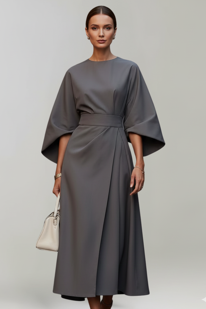 Women's Midi Dress with Wide Sleeves & Waist Belt – Elegant Flowing Occasion Dress
