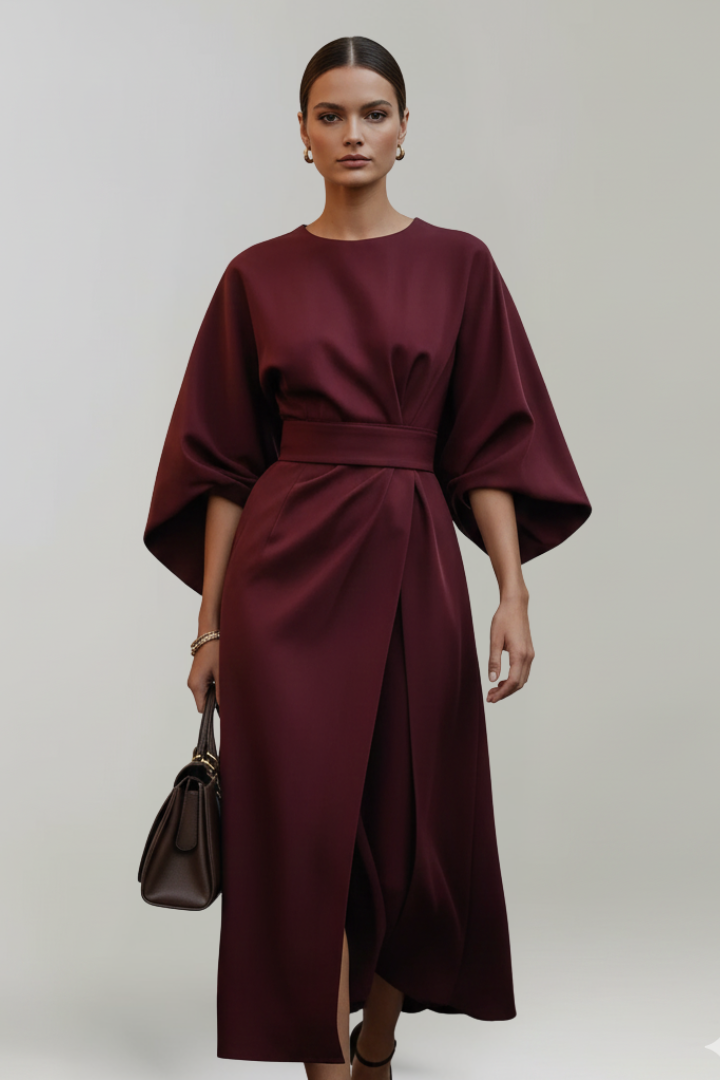 Women's Midi Dress with Wide Sleeves & Waist Belt – Elegant Flowing Occasion Dress