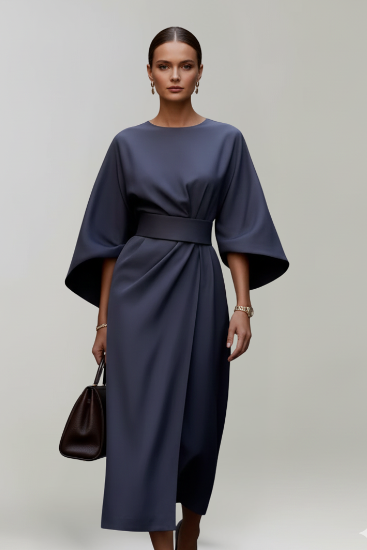 Women's Midi Dress with Wide Sleeves & Waist Belt – Elegant Flowing Occasion Dress