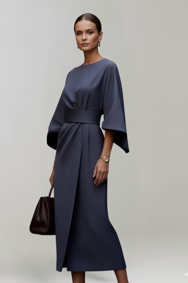 Women's Midi Dress with Wide Sleeves & Waist Belt – Elegant Flowing Occasion Dress