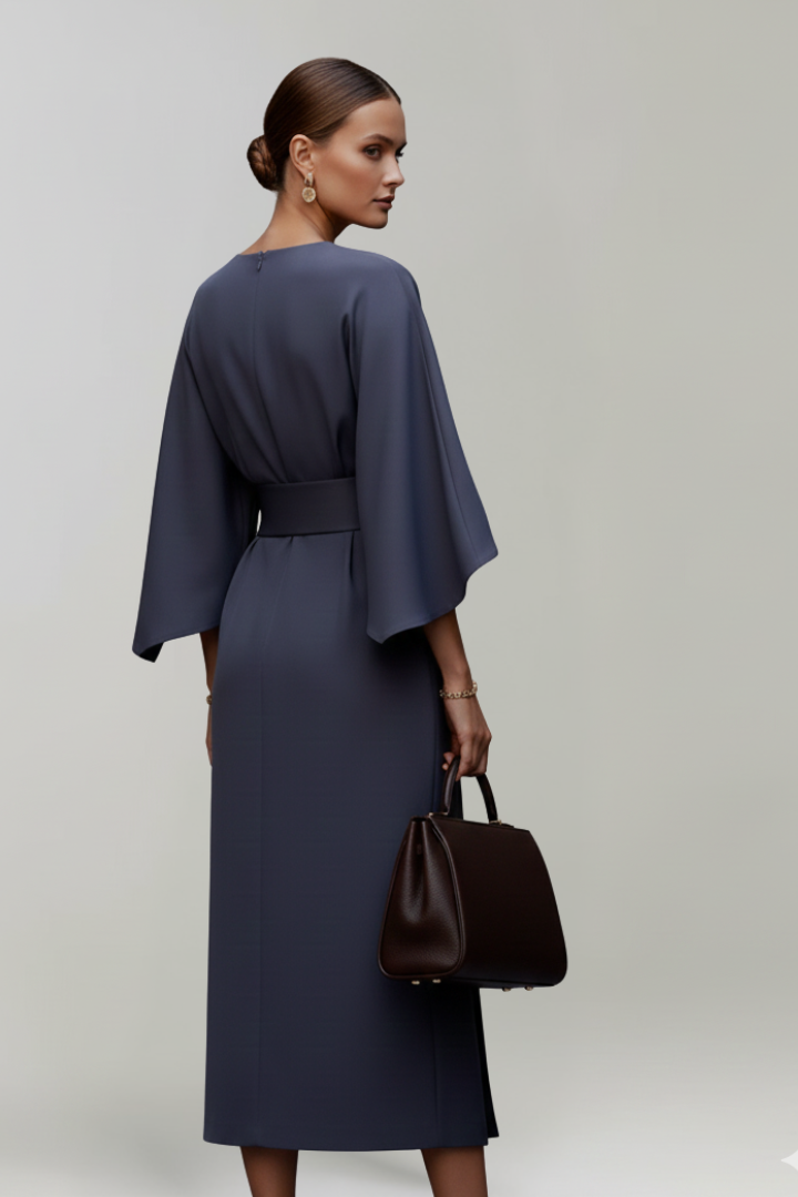 Women's Midi Dress with Wide Sleeves & Waist Belt – Elegant Flowing Occasion Dress