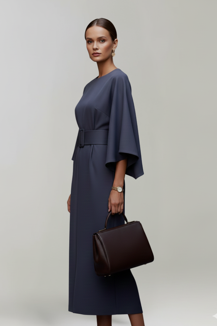 Women's Midi Dress with Wide Sleeves & Waist Belt – Elegant Flowing Occasion Dress