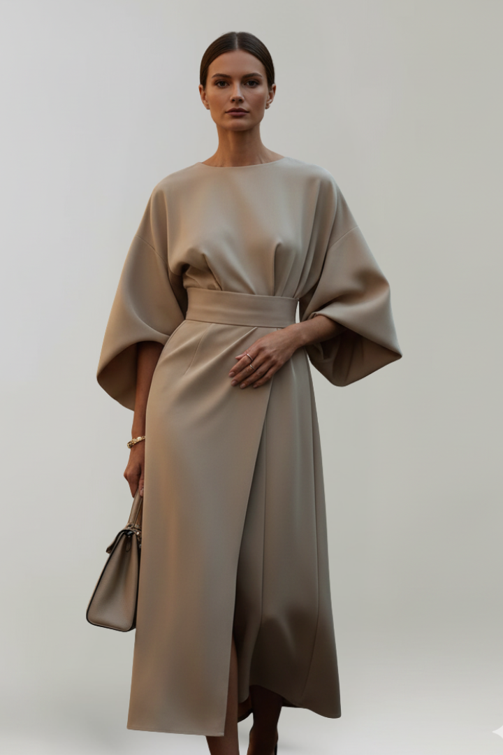 Women's Midi Dress with Wide Sleeves & Waist Belt – Elegant Flowing Occasion Dress