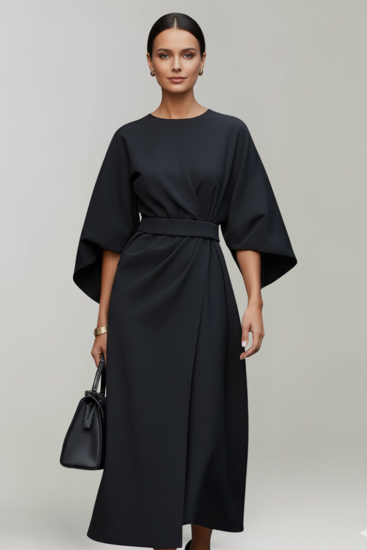 Women's Midi Dress with Wide Sleeves & Waist Belt – Elegant Flowing Occasion Dress