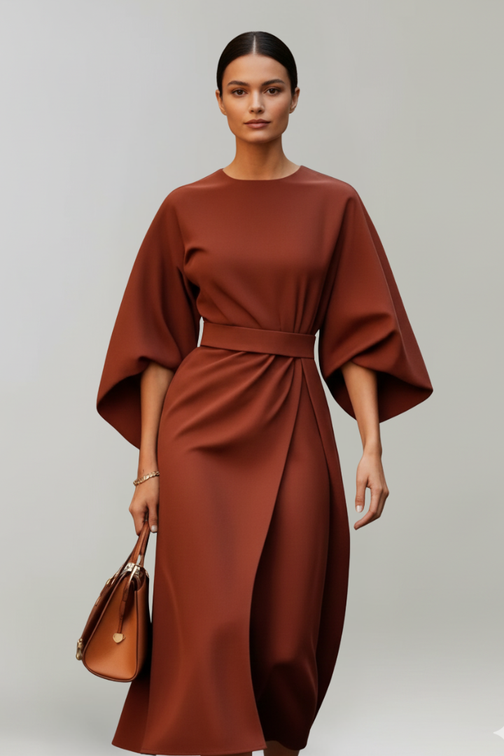 Women's Midi Dress with Wide Sleeves & Waist Belt – Elegant Flowing Occasion Dress