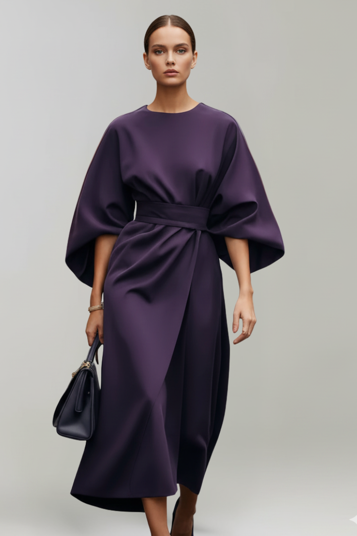 Women's Midi Dress with Wide Sleeves & Waist Belt – Elegant Flowing Occasion Dress