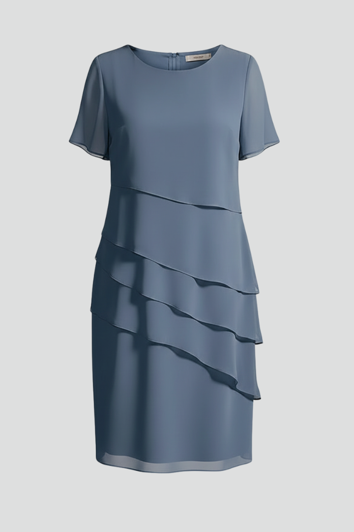 Women's Short-Sleeve Dress with Layered Front – Elegant Straight-Hem Day Dress