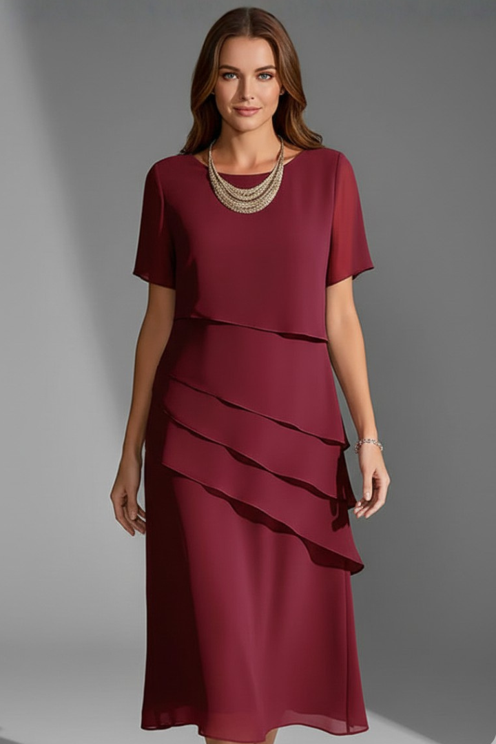 Women's Short-Sleeve Dress with Layered Front – Elegant Straight-Hem Day Dress
