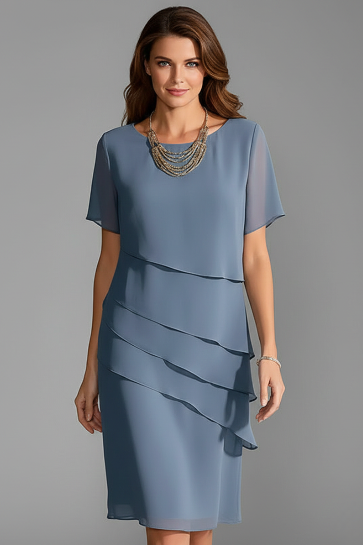 Women's Short-Sleeve Dress with Layered Front – Elegant Straight-Hem Day Dress