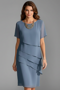 Women's Short-Sleeve Dress with Layered Front – Elegant Straight-Hem Day Dress