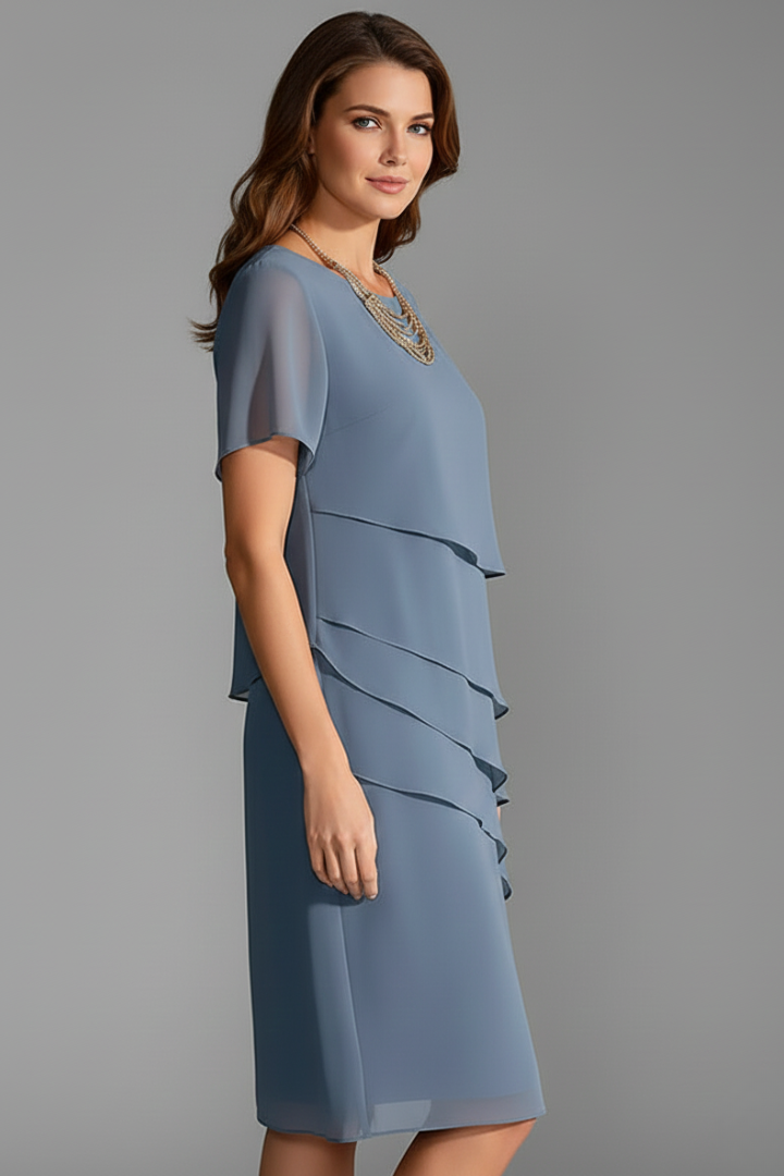 Women's Short-Sleeve Dress with Layered Front – Elegant Straight-Hem Day Dress