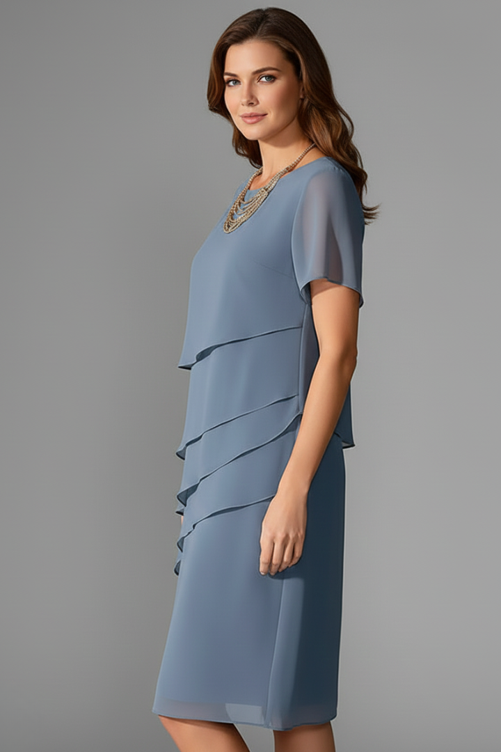 Women's Short-Sleeve Dress with Layered Front – Elegant Straight-Hem Day Dress