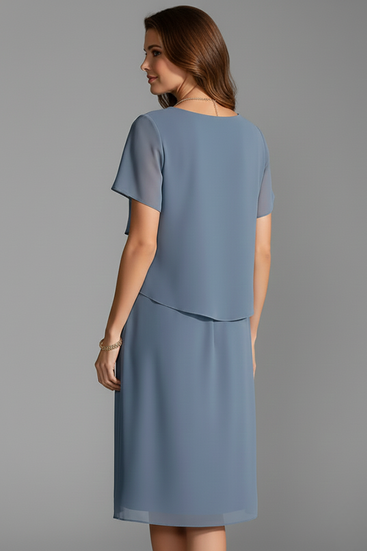 Women's Short-Sleeve Dress with Layered Front – Elegant Straight-Hem Day Dress