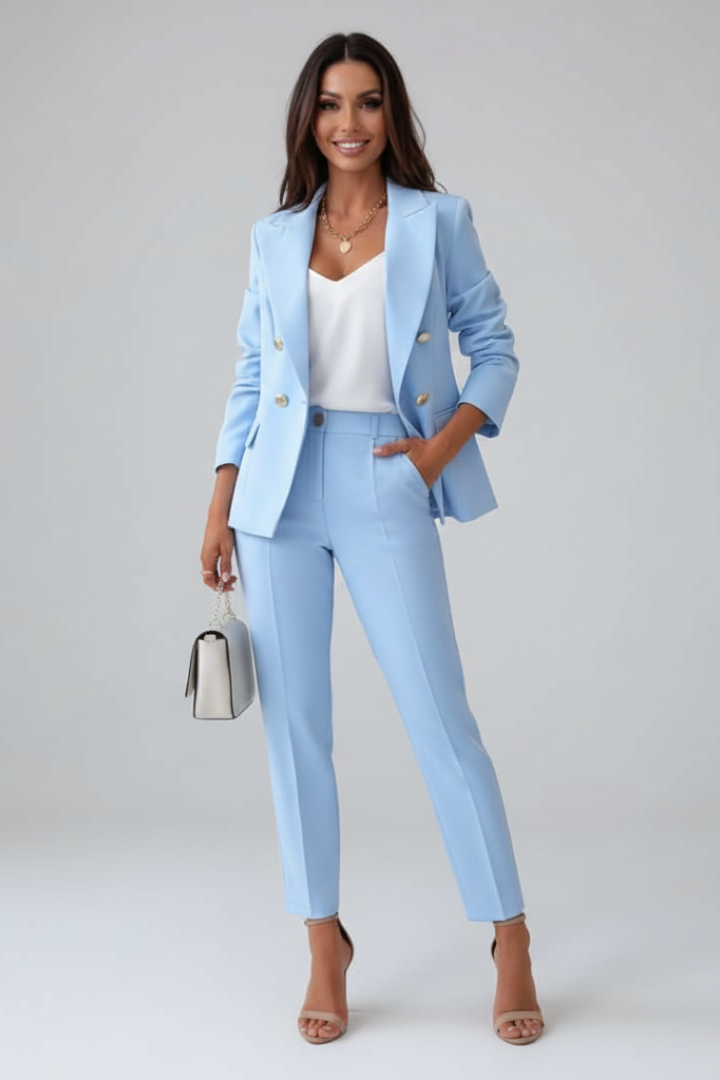 Women's Suit Set – Buttoned Tailored Jacket & Straight-Leg Trousers for Office