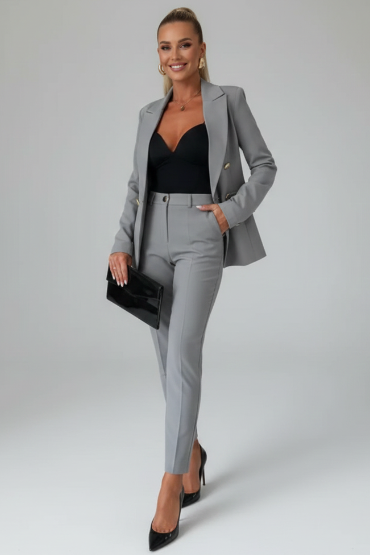 Women's Suit Set – Buttoned Tailored Jacket & Straight-Leg Trousers for Office