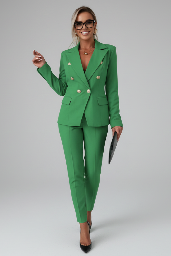 Women's Suit Set – Buttoned Tailored Jacket & Straight-Leg Trousers for Office