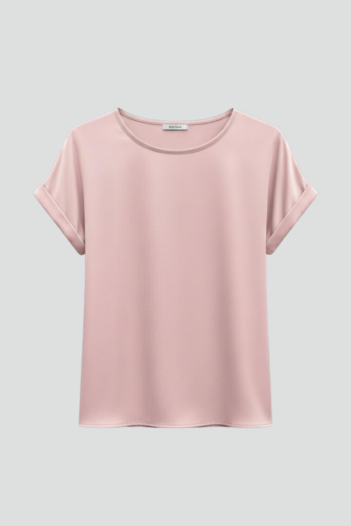 Women's Round-Neck T-Shirt with Rolled Sleeves – Casual Everyday Basic Top