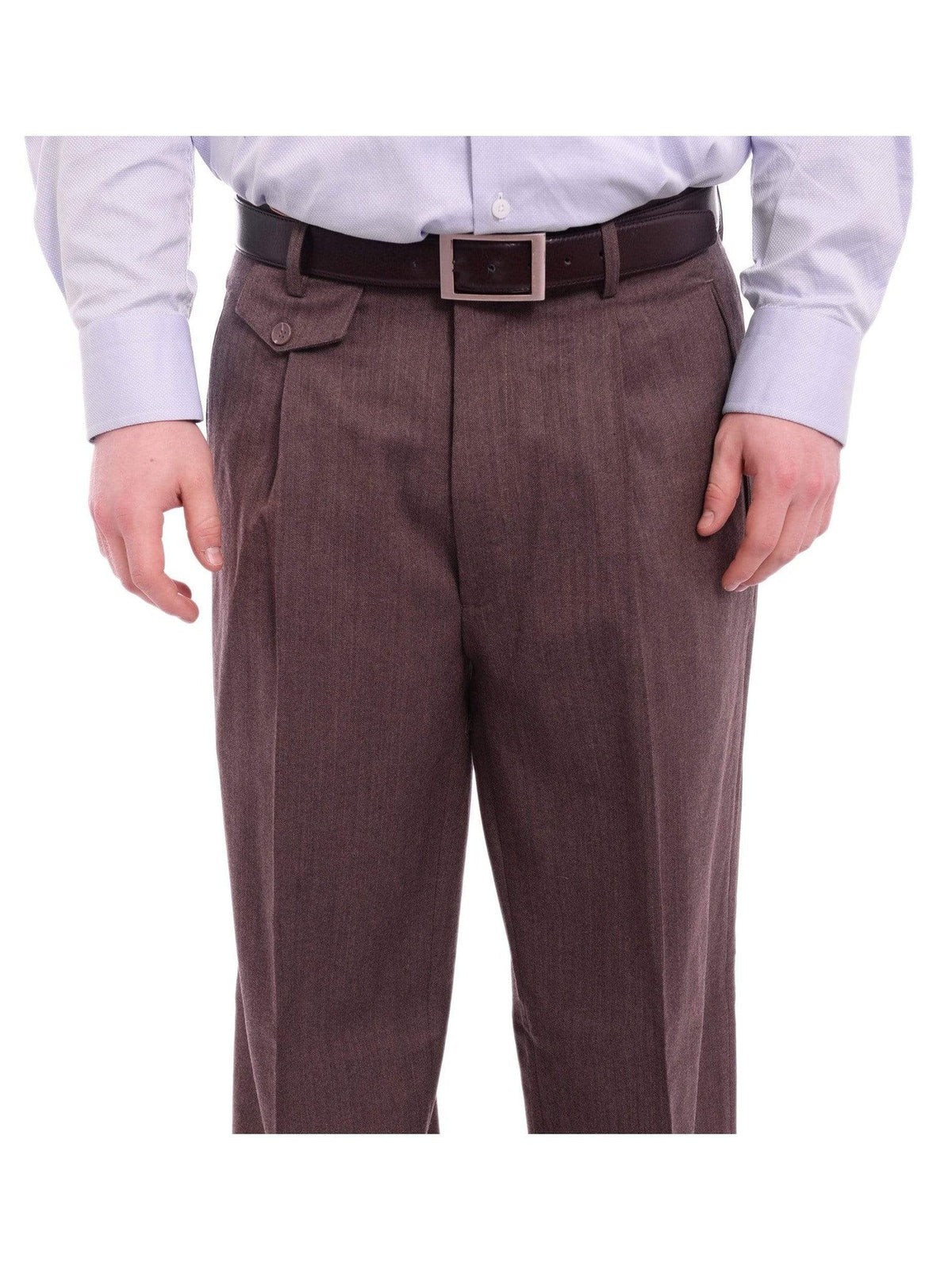 Men's Classic Fit Brown Herringbone Pleated Wide Leg Wool Dress Pants – view 2
