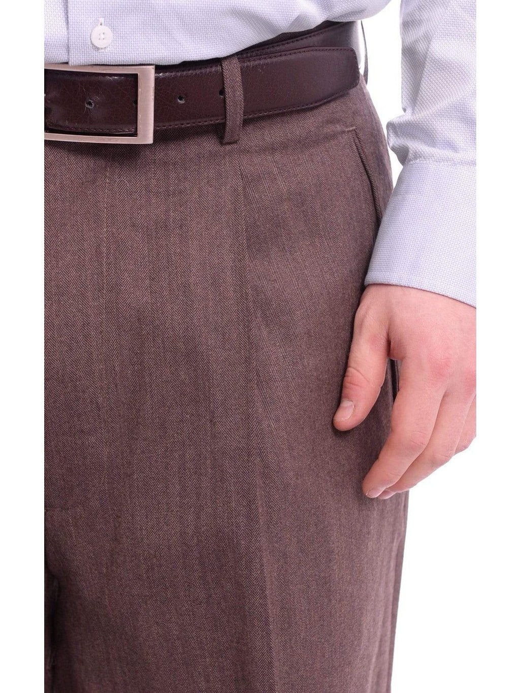 Men's Classic Fit Brown Herringbone Pleated Wide Leg Wool Dress Pants – view 3