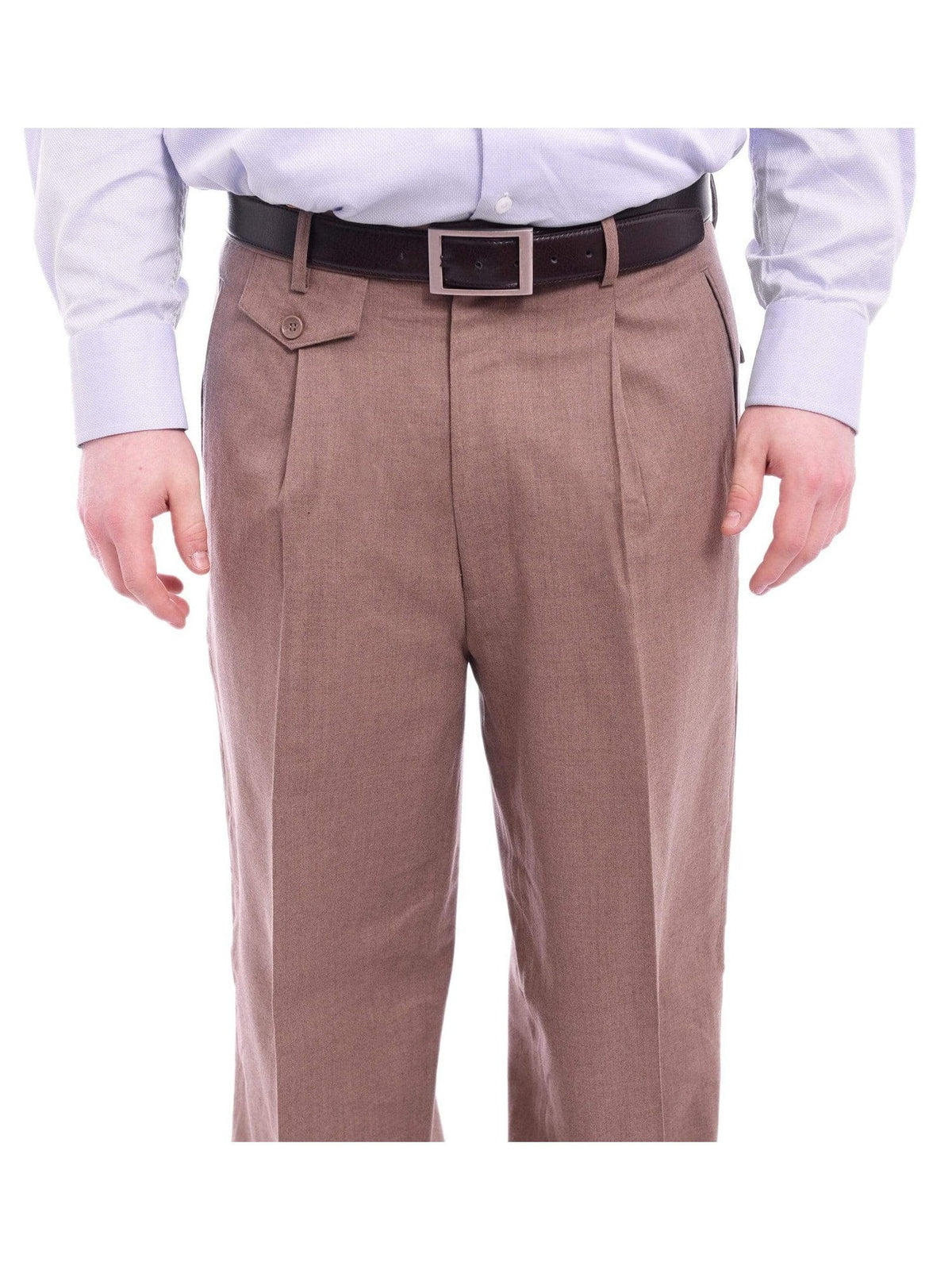 Men's Classic Fit Solid Taupe Single Pleated Wide Leg Wool Dress Pants – view 2