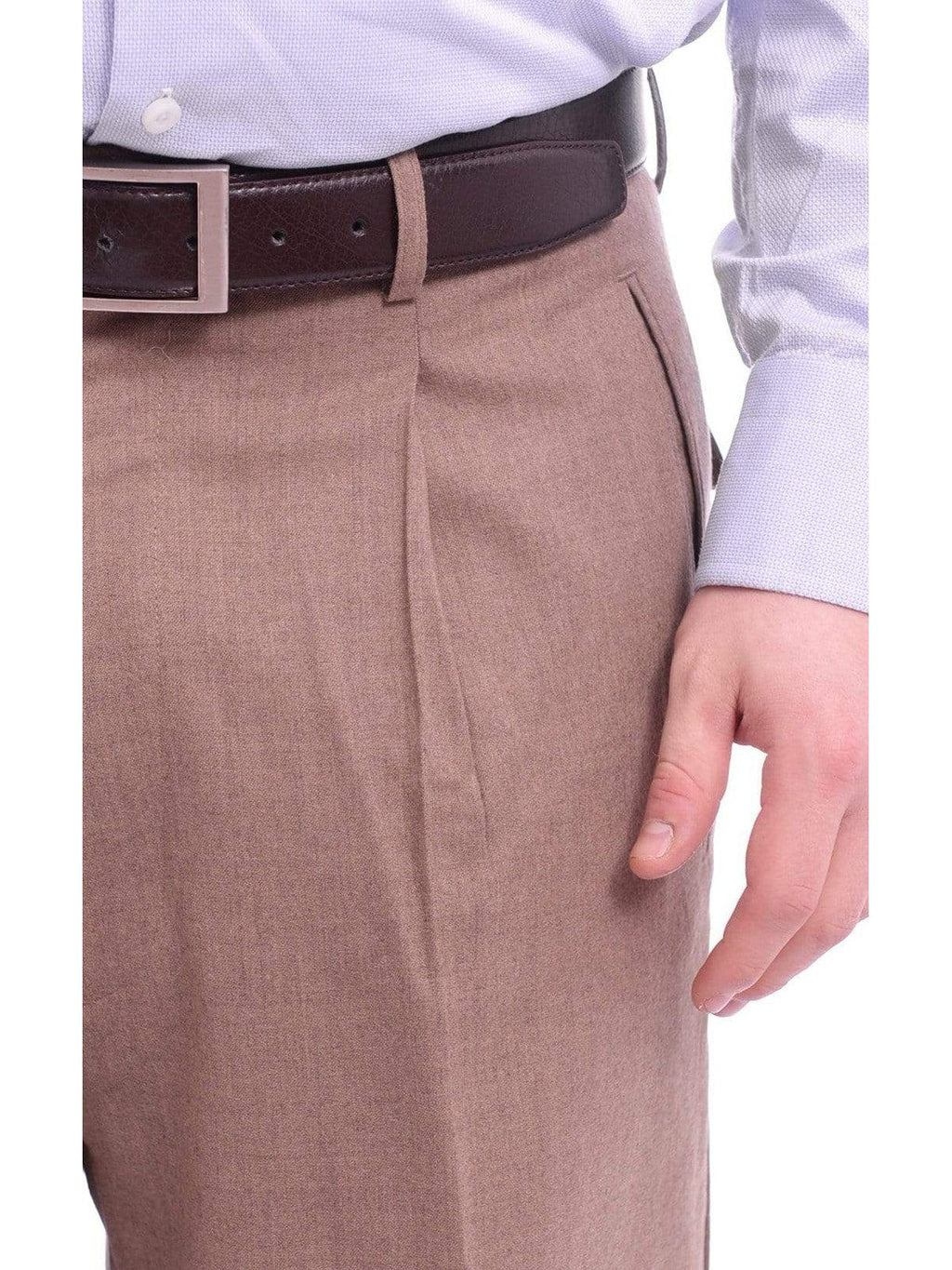 Men's Classic Fit Solid Taupe Single Pleated Wide Leg Wool Dress Pants – view 3