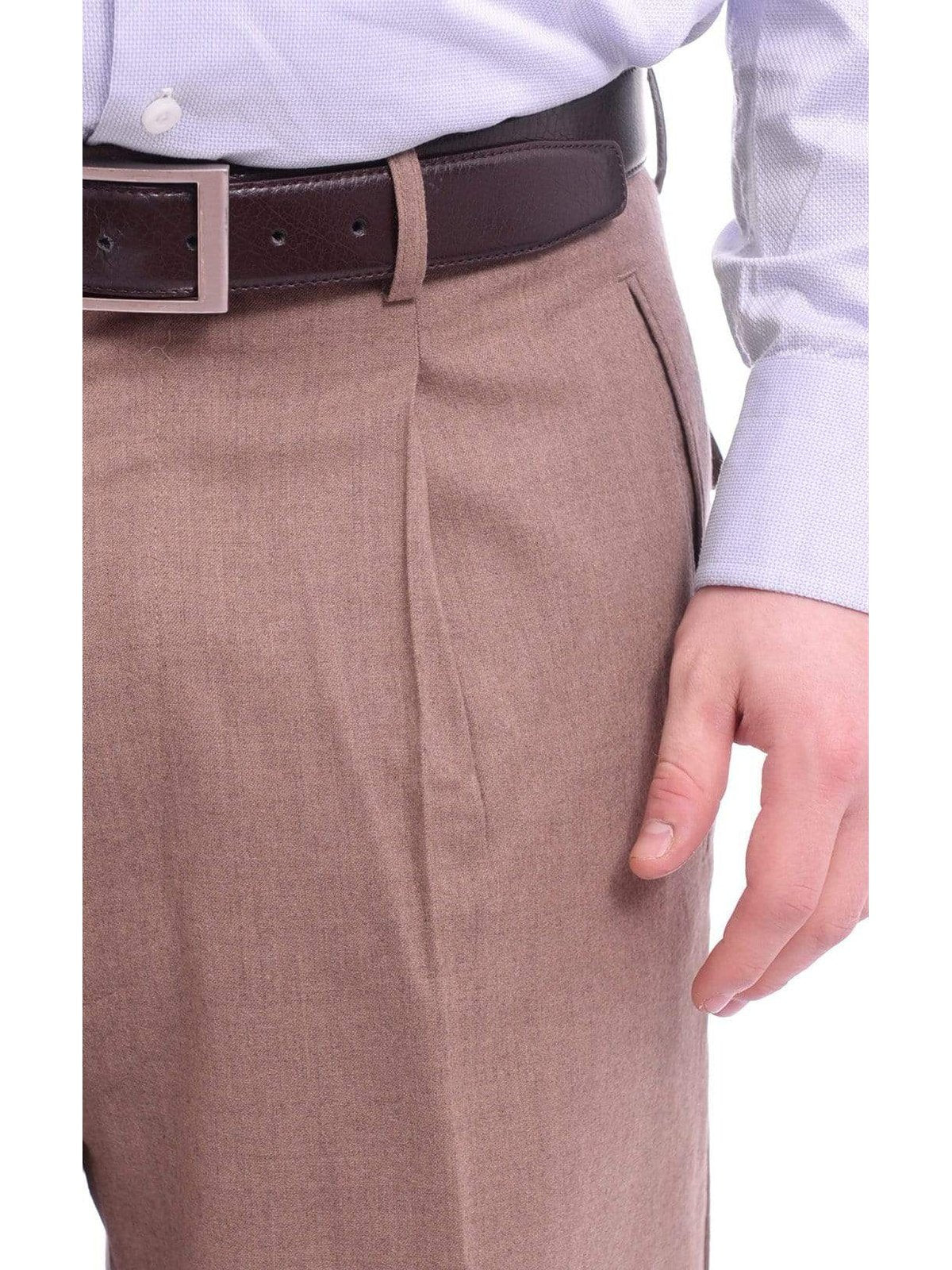 Men's Classic Fit Solid Taupe Single Pleated Wide Leg Wool Dress Pants – view 3