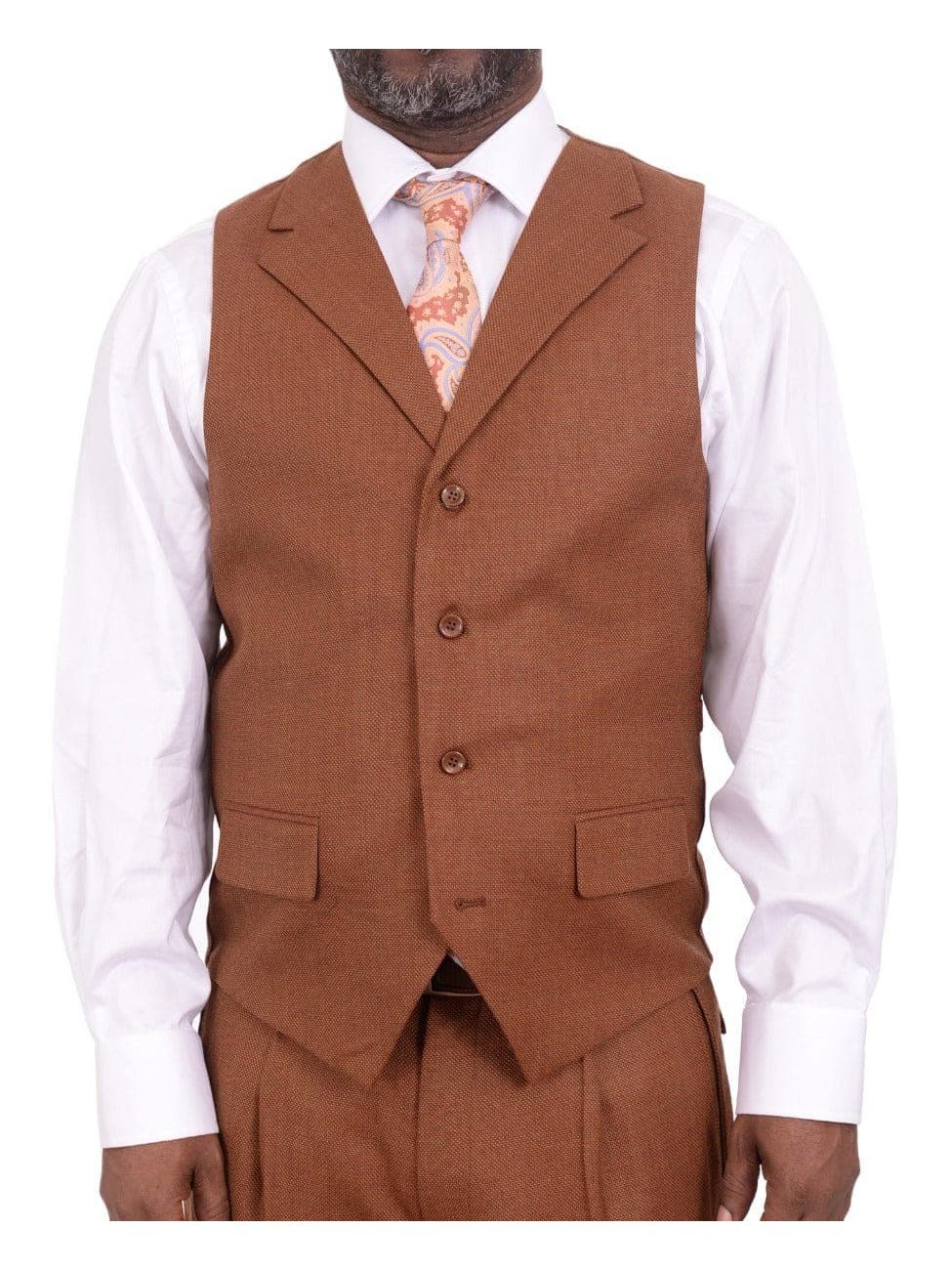 Men's Classic Fit Rust Brown Check 3-Piece Wool Suit Peak Lapels – view 5
