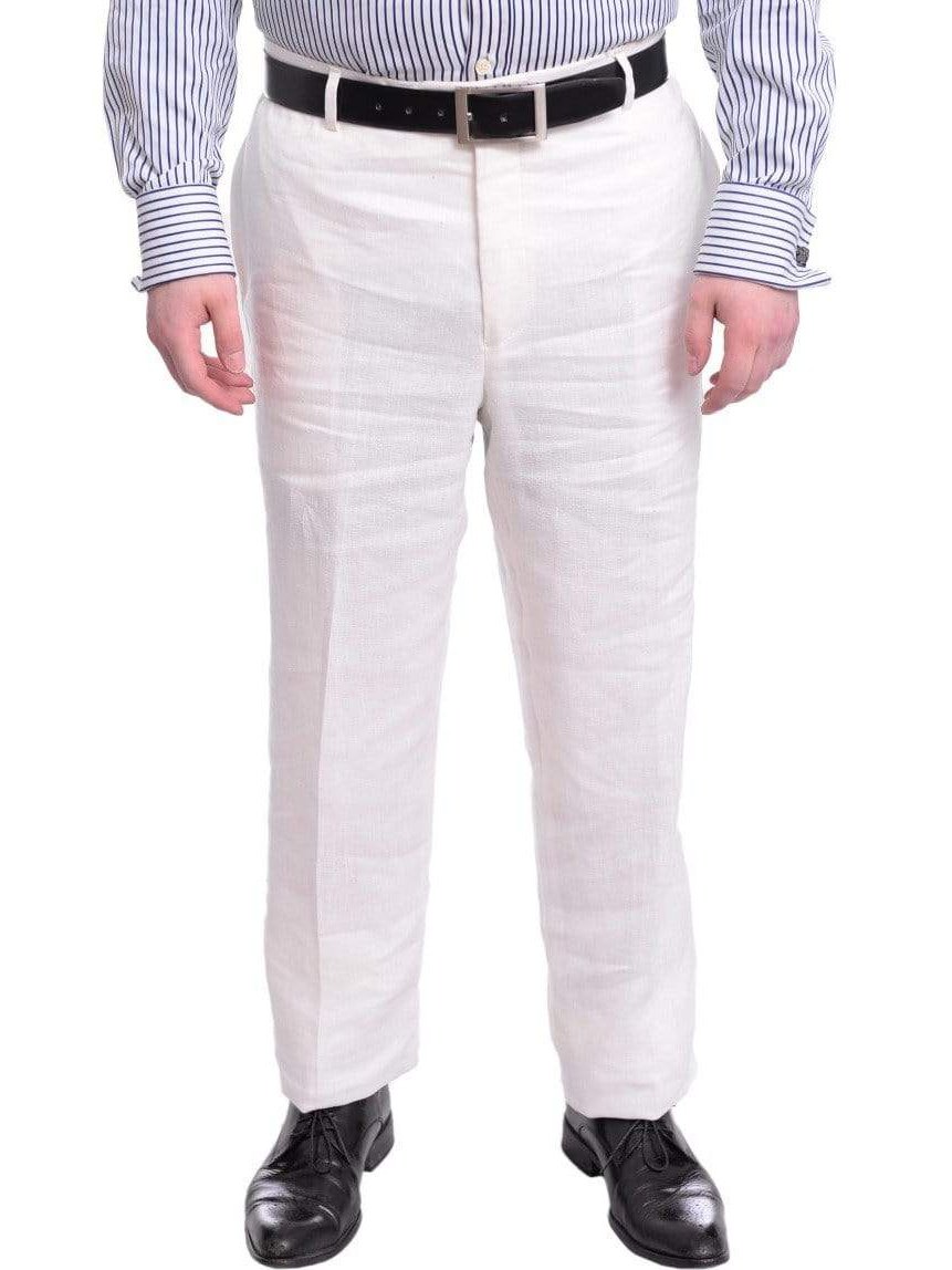 Men's Regular Fit Solid Ivory Flat Front Linen Dress Pants