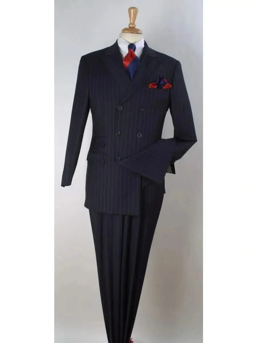Men's Navy Blue Pinstriped Double Breasted 3-Piece Pleated Wool Suit – view 2