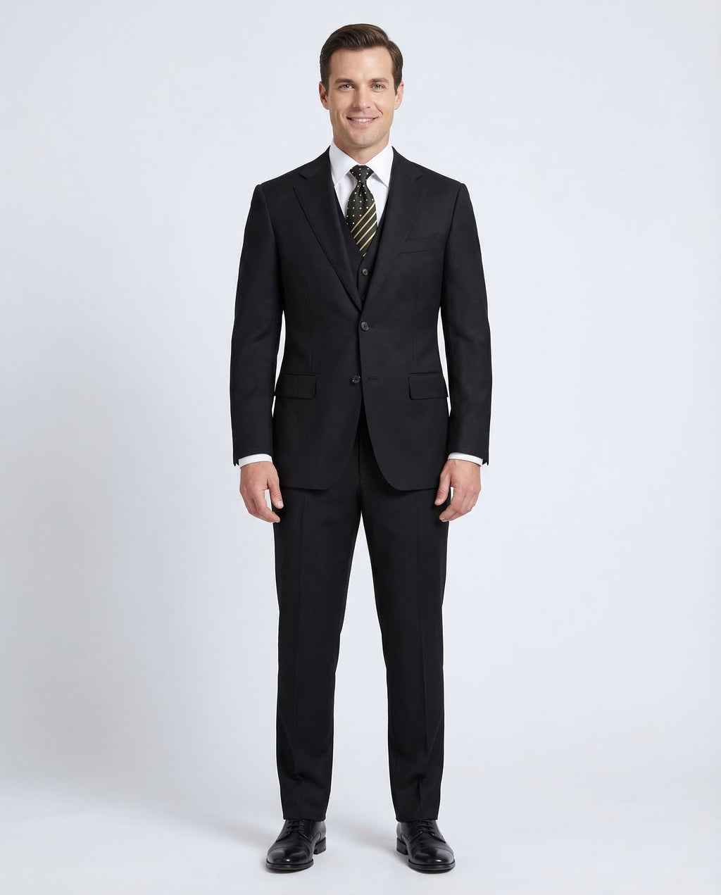 Men's Solid Black Wool Classic Fit 3-Piece Suit Peak Lapels