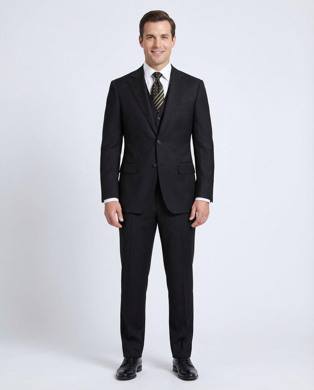 Men's Solid Black Wool Classic Fit 3-Piece Suit Peak Lapels