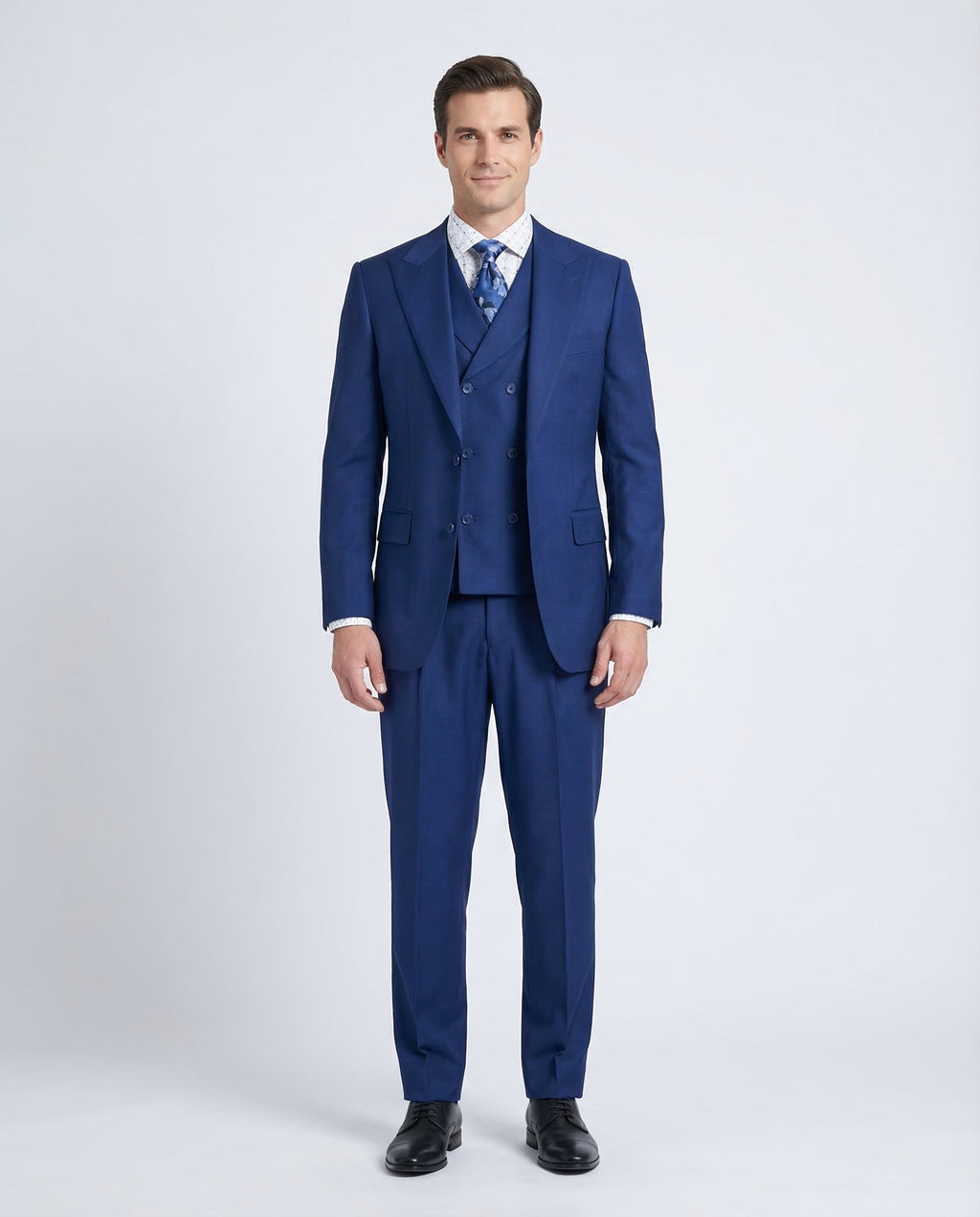 Men's Solid Blue Wool Classic Fit 3-Piece Pleated Suit Peak Lapels