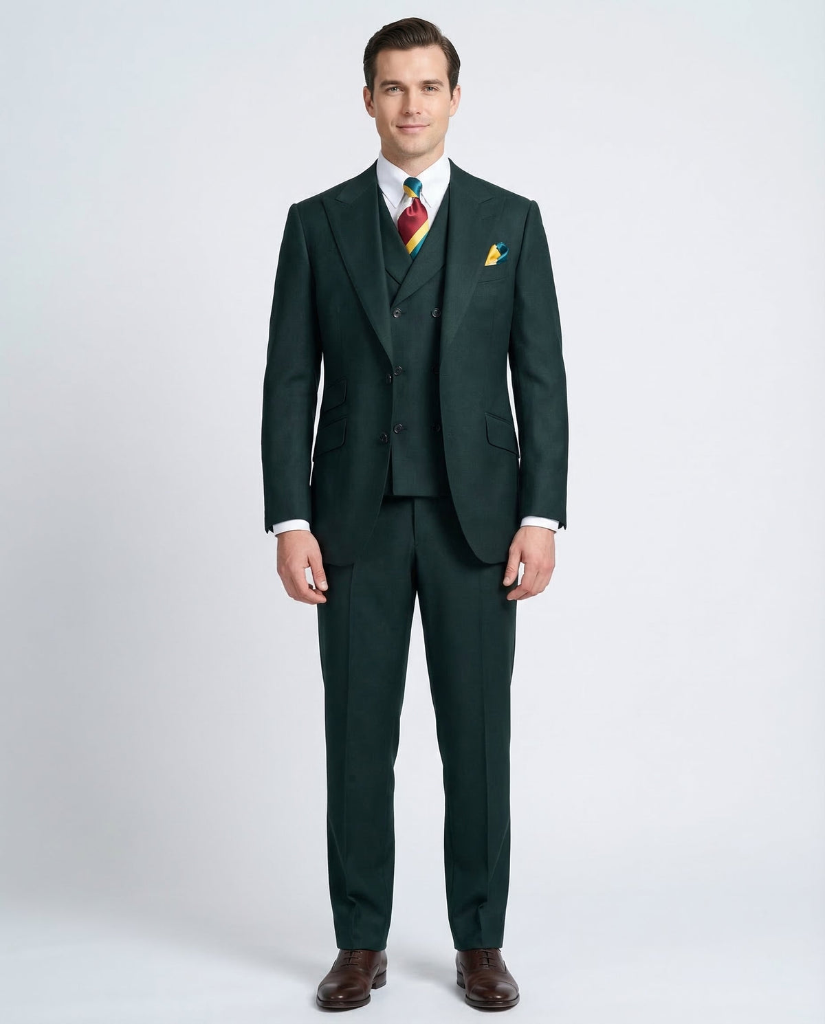 Men's Solid Green Wool Classic Fit 3-Piece Suit Peak Lapels